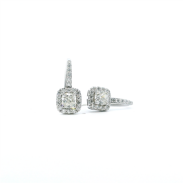 Classic & Contemporary 14K Gold White 2.17 Carats Total Weight Cushion & Round Diamond Dangle Earrings
