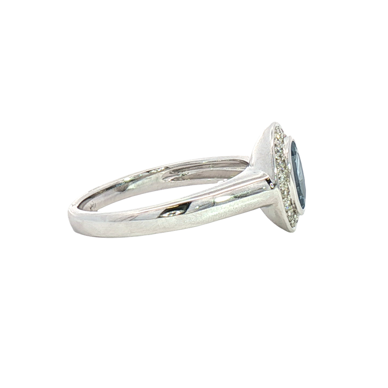 Bold & Elegant 18K White Gold  Oval Cut 0.74 Carats Aquamarine & 0.13 Carats Diamond Halo Ring