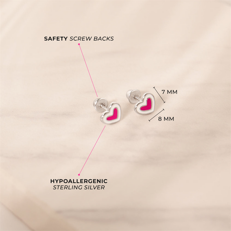 Sterling Silver Hearts & More Hearts Pink & White Enamel Earrings For Children