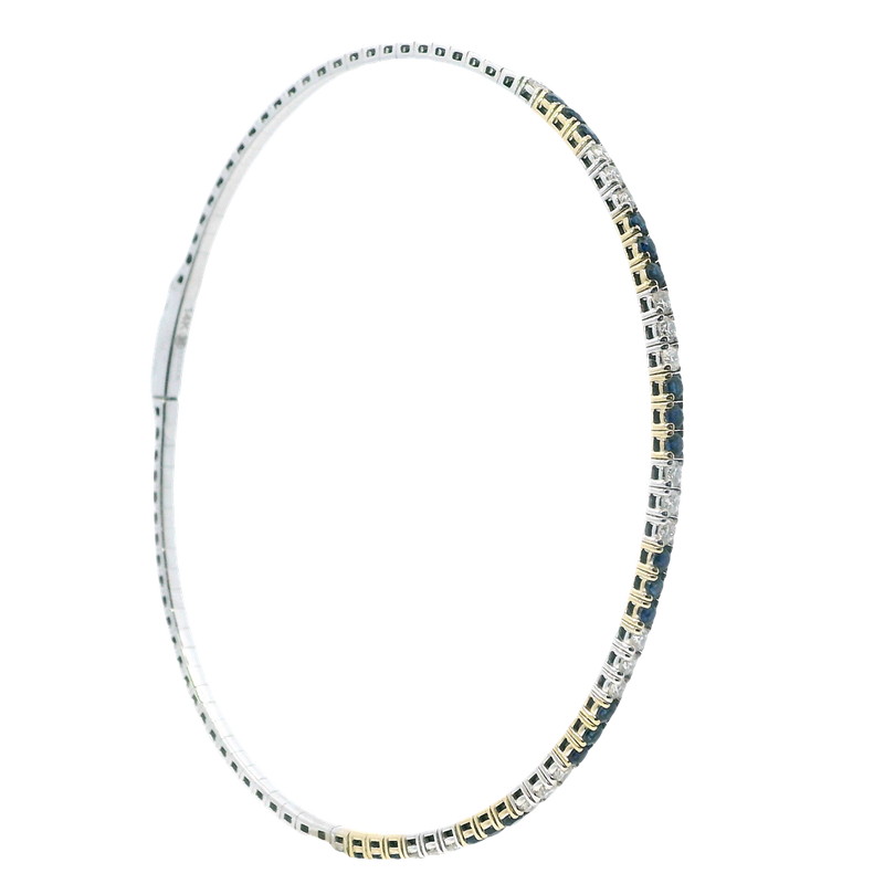 Elegant & Eye Catching 14K Gold Two-Toned 0.65 Carats H/I Diamonds & 0.88 Carats Sapphires Bangle Bracelet, Length 8 Inch