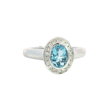 Bold & Elegant 18K White Gold  Oval Cut 0.74 Carats Aquamarine & 0.13 Carats Diamond Halo Ring
