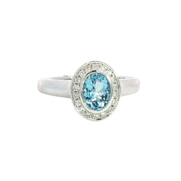Bold & Elegant 18K White Gold  Oval Cut 0.74 Carats Aquamarine & 0.13 Carats Diamond Halo Ring