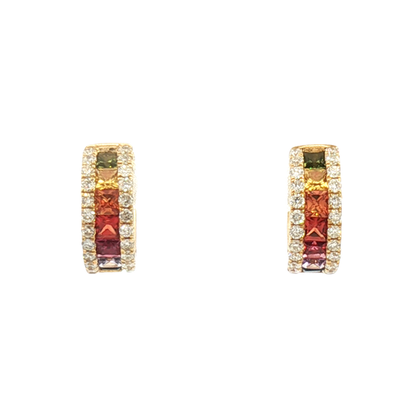 Vibrant Color Stone 18K Yellow Gold 0.75 Carats Multi Colored Fancy Sapphire & 0.32 Carats Diamond Huggie Earrings