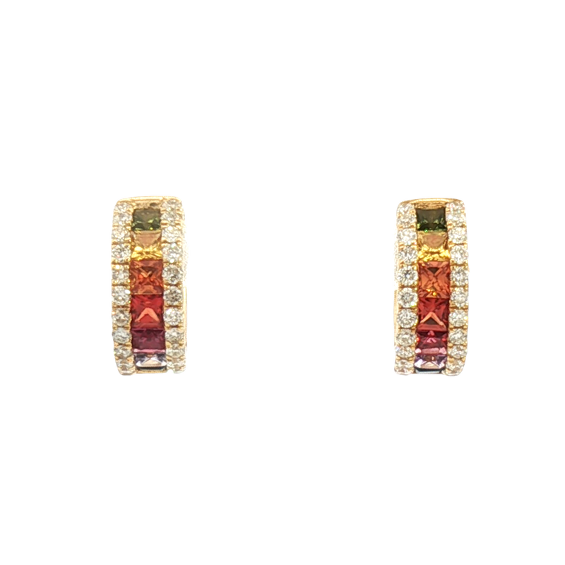 Vibrant Color Stone 18K Yellow Gold 0.75 Carats Multi Colored Fancy Sapphire & 0.32 Carats Diamond Huggie Earrings