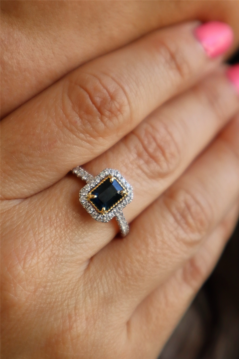 Color Stone Fashion Rings 14K Two-tone White & Yellow 1.07ct Blue Sapphire & 0.32ct Diamond Halo Ring