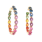 Vibrant Color Stone 14K Yellow Gold Oval Cut 6.78 Carats Multi Colored Sapphire Large Hoop Earrings