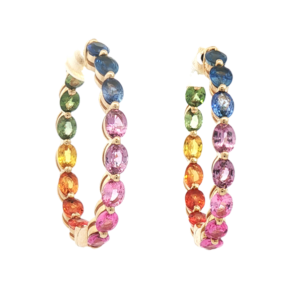 Vibrant Color Stone 14K Yellow Gold Oval Cut 6.78 Carats Multi Colored Sapphire Large Hoop Earrings