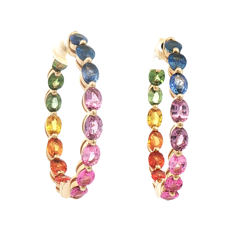 Vibrant Color Stone 14K Yellow Gold Oval Cut 6.78 Carats Multi Colored Sapphire Large Hoop Earrings