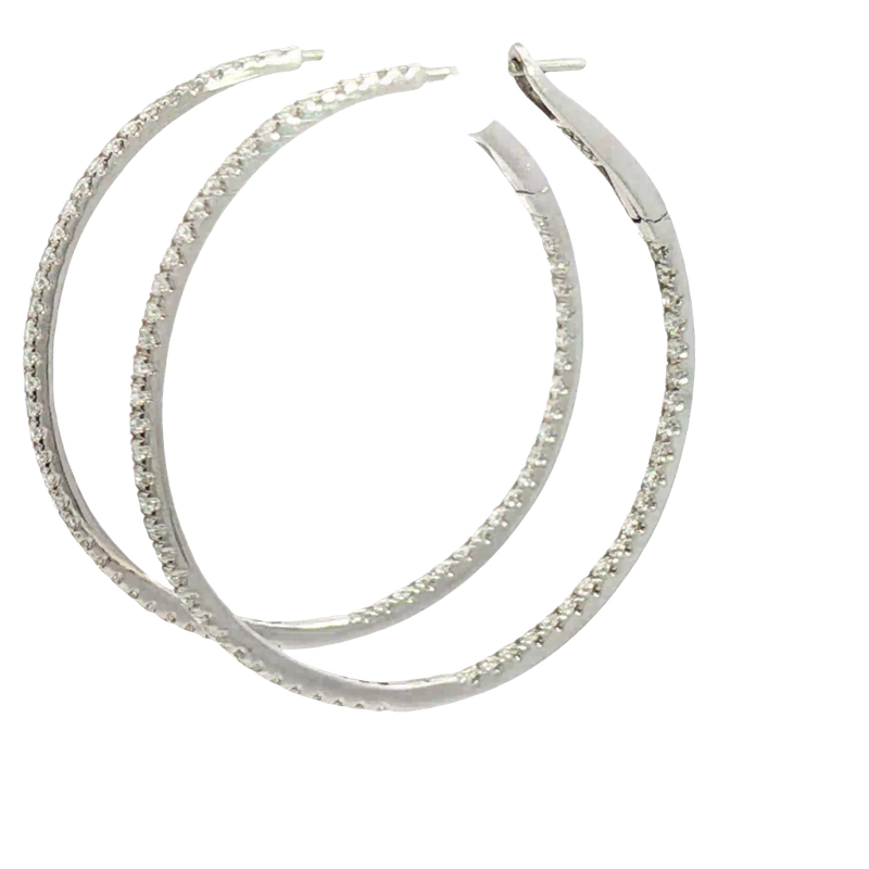 Classic & Contemporary 18K White Gold 1.23 Carats Diamond Inside Out 1 1/2 Inch Large Hoop Earrings