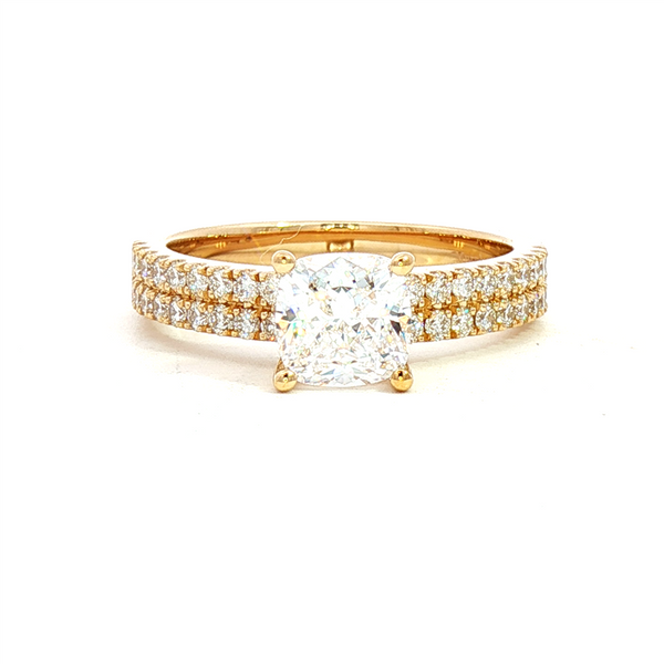 MPJ Exclusive Diamond Mountings 14K Gold Yellow Diamond Accented Cushion 1.50 Carats, 6x6 MM Engagement Ring - 0.46 Carats Accent Diamonds