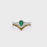 Bold & Elegant 14K Gold Two-Toned Contoured Color Stone Fashion Ring -  0.34 Carats Pear Emerald & 0.13 Carats Round Diamond