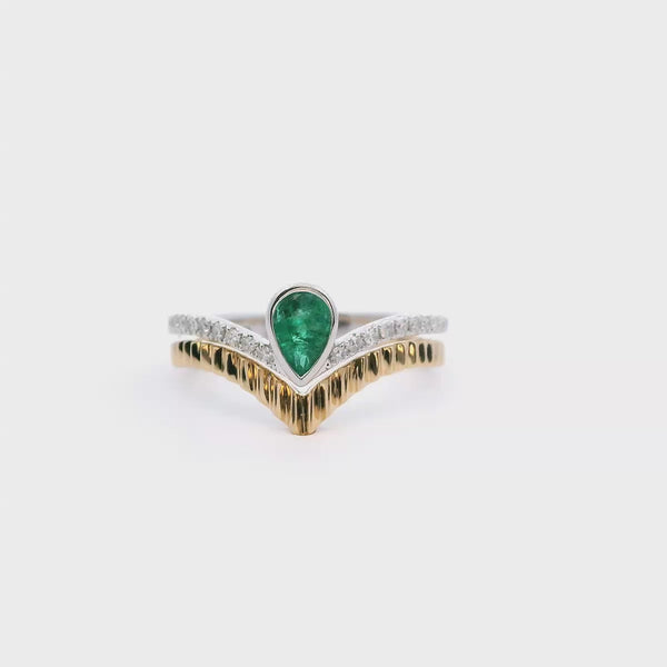Bold & Elegant 14K Gold Two-Toned Contoured Color Stone Fashion Ring -  0.34 Carats Pear Emerald & 0.13 Carats Round Diamond